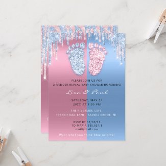 Gender Reveal Glitter Drip Pink Blue Baby Boy Girl Invitation