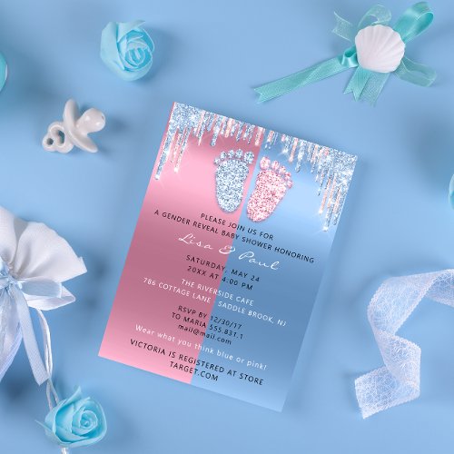 Gender Reveal Glitter DripPink Blue Baby Boy Girl Invitation