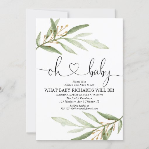 Gender reveal greenery green gold simple modern invitation | Zazzle