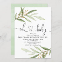 Gender reveal greenery green gold simple modern invitation