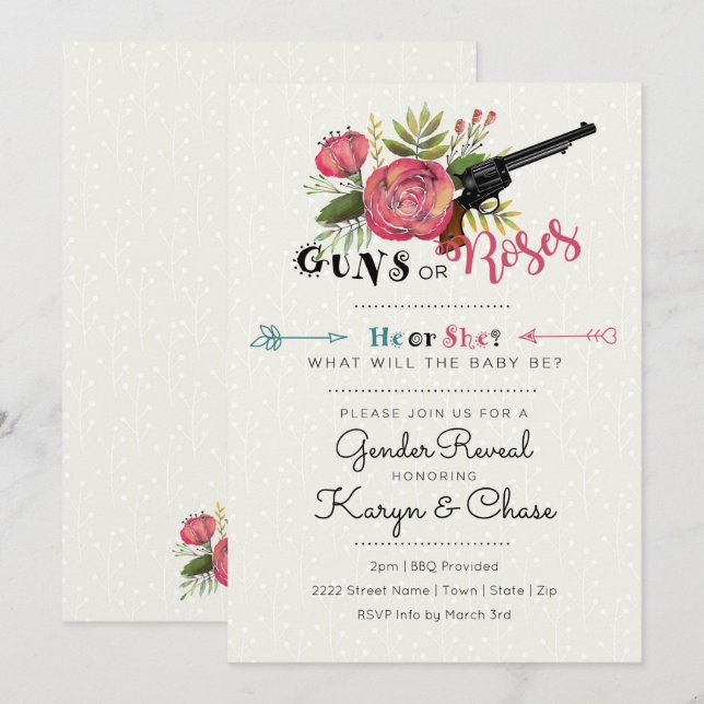 Gender Reveal Guns or Roses Invitation (Front/Back)