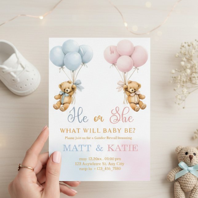 Gender Reveal "He or She Bear Balloons Blue Pink  Invitation (Creator Uploaded)