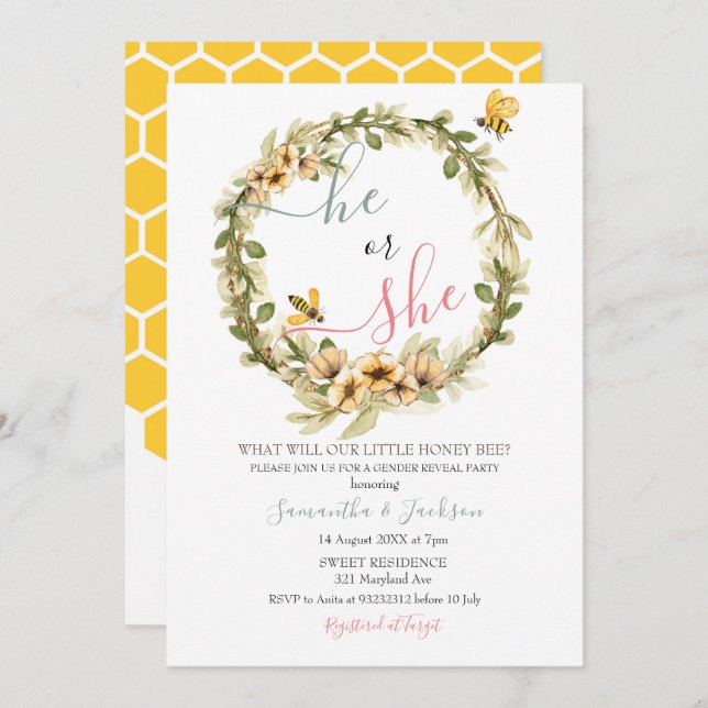 Gender Reveal He or She Bee Invitation (Front/Back)