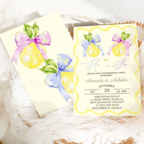 Gender Reveal He or She Pink Blue Bow Lemon Invitation