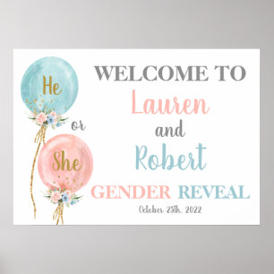 Gender reveal he or she welcome sign