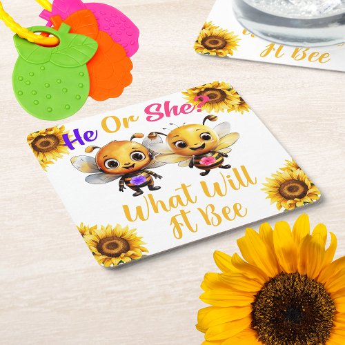 Gender Reveal He or She What Will It Bee Square Paper Coaster