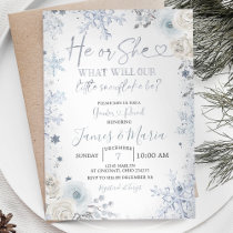 Gender Reveal He or She Winter Blue Snowflakes Invitation