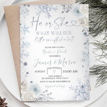 Gender Reveal He Or She Winter Blue Snowflakes Invitation by HappyPartyStudio at Zazzle
