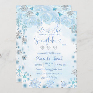 Gender Reveal He or She Winter Blue Snowflakes Invitation
