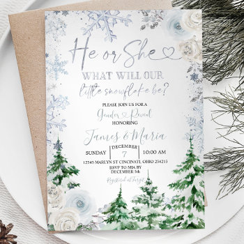Gender Reveal He Or She Winter Snowflakes Forest I Invitation by HappyPartyStudio at Zazzle