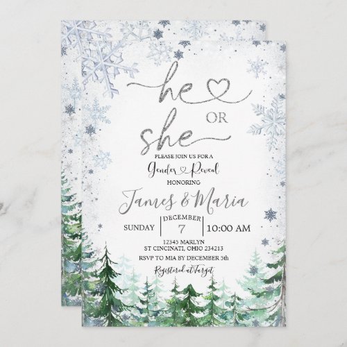 Gender Reveal He or She Winter Snowflakes Forest Invitation