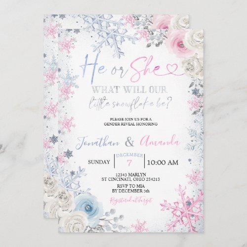 Gender Reveal He or She Winter Snowflakes Invitation