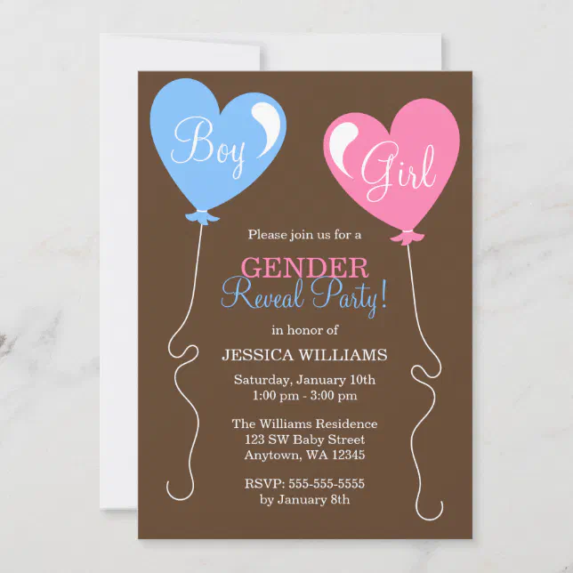 Gender Reveal Heart Balloons Pink and Blue Invitation | Zazzle