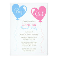 Gender Reveal Heart Balloons Pink Blue Ivory 5x7 Paper Invitation Card