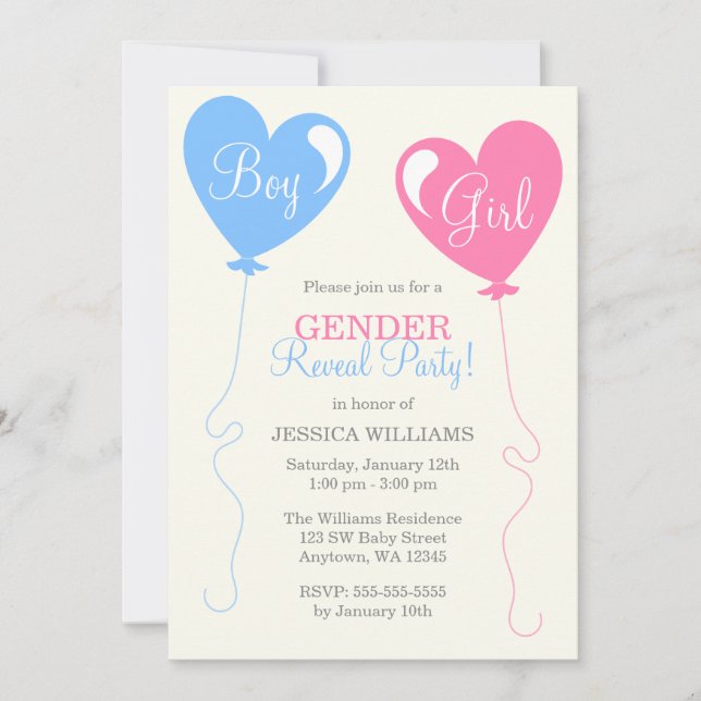 Gender Reveal Heart Balloons Pink Blue Ivory Invitation (Front)