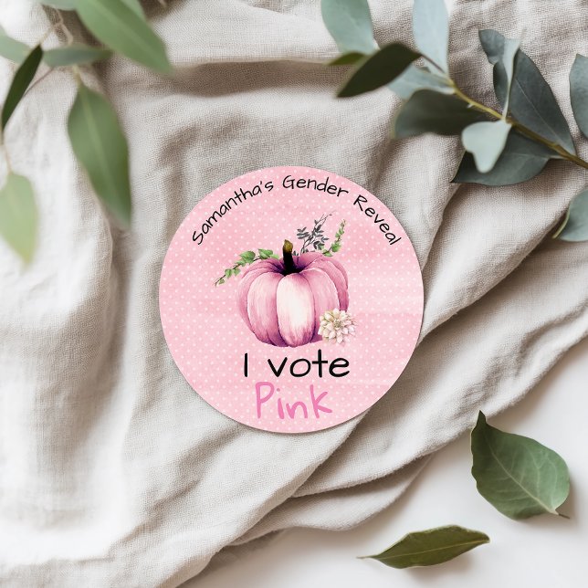 Gender Reveal I Vote Pink Pumpkin Baby Shower Classic Round Sticker (Creator Uploaded)