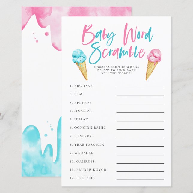 Gender Reveal Ice Cream Baby Word Scramble Game (Front/Back)