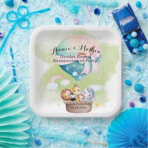 Gender Reveal in Sage Baby Animals Safari  Paper Plates