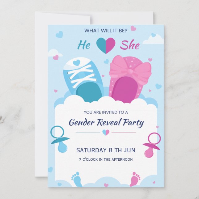 Gender Reveal invitation baby shoes (Front)