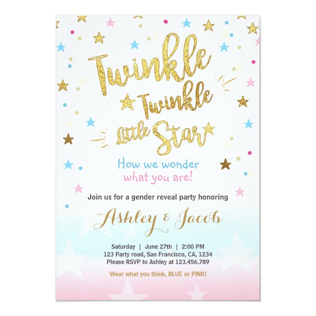 Gender Reveal Invitation Baby Shower Twinkle Star