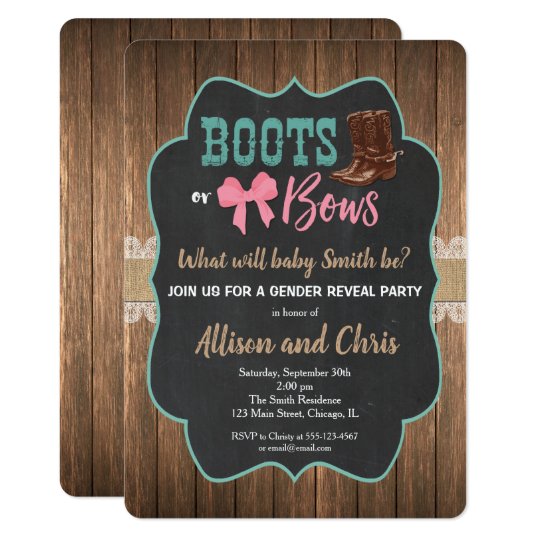 Gender reveal invitation boots and bows | Zazzle.com