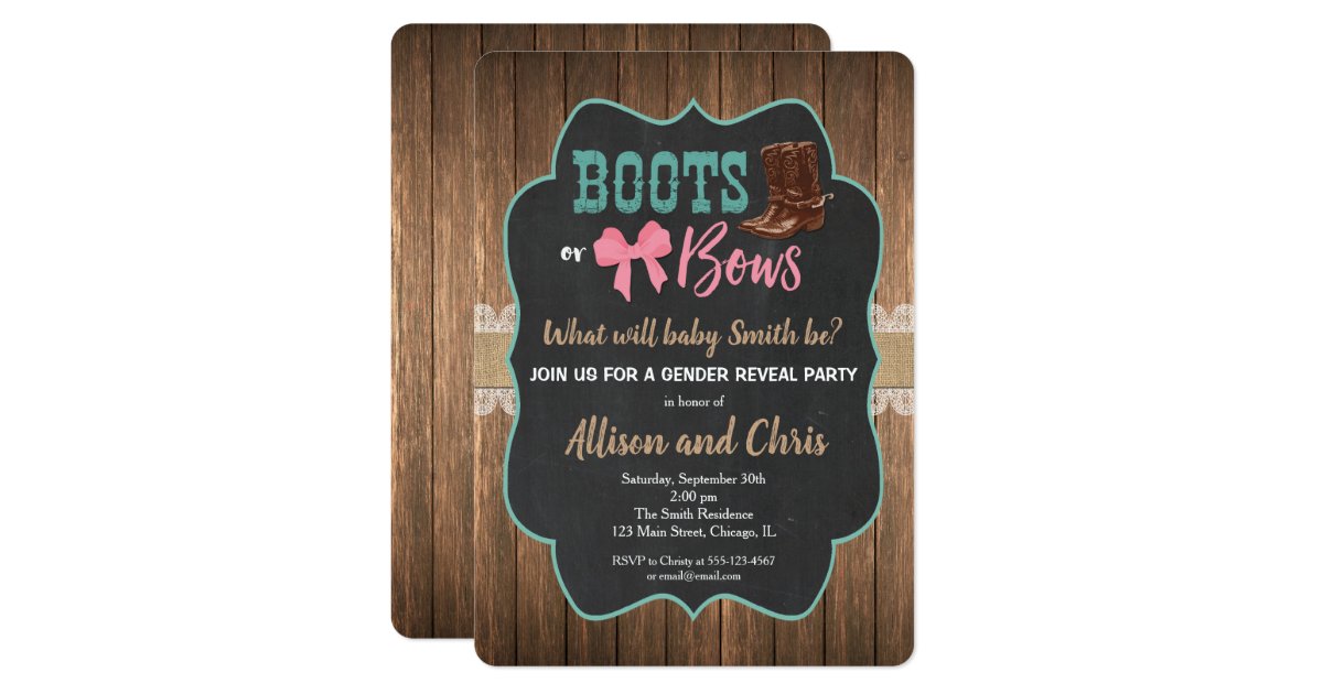 Gender reveal invitation boots and bows | Zazzle.com