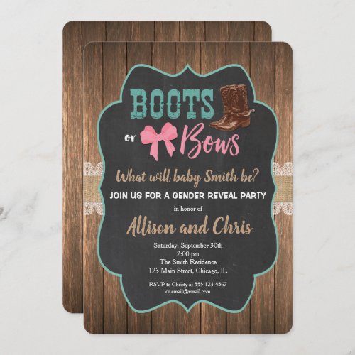 Gender reveal invitation boots and bows