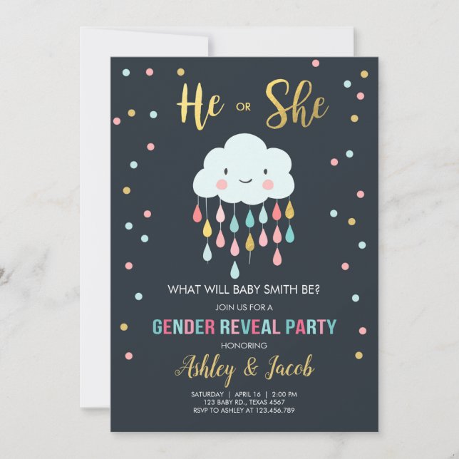 Gender Reveal Invitation Cloud Rain Drops Colors (Front)