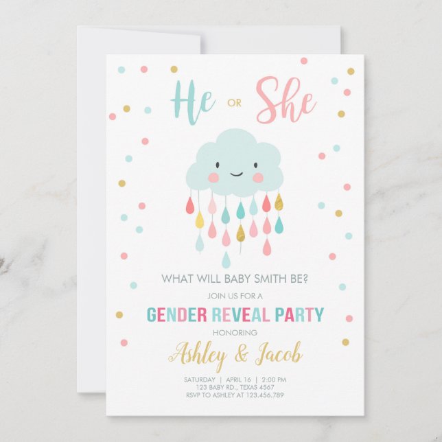 Gender Reveal Invitation Cloud Rain Drops Colors (Front)