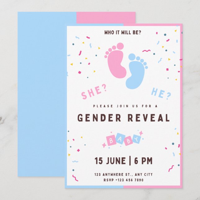gender reveal invitation feet, boy or girl (Front/Back)