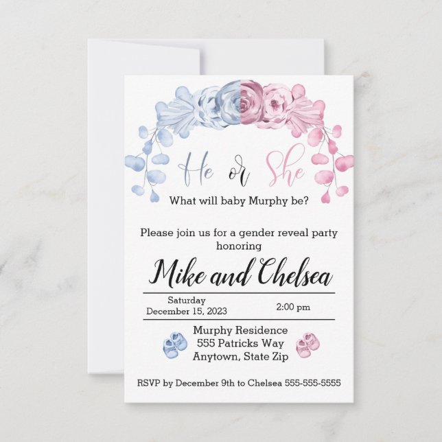 Gender reveal invitation, He or she Thank You Card (Front)