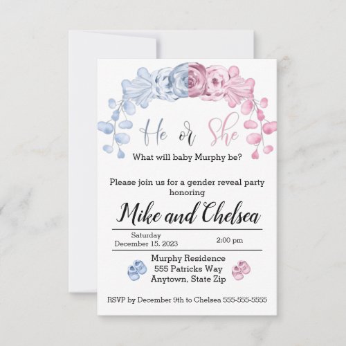 Gender reveal invitation He or she Thank You Card