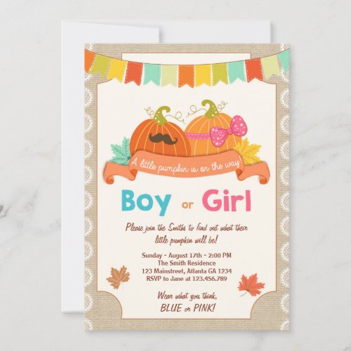 Gender reveal invitation Little pumpkin He or She