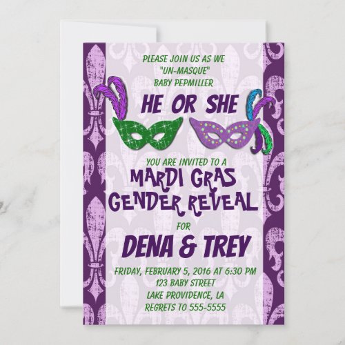 Gender Reveal Invitation Marid Gras Gender Reveal Invitation