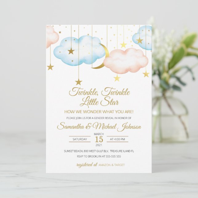 Gender Reveal Invitation, Moon and Stars Invitation (Standing Front)