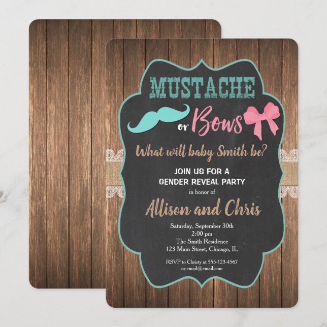 Gender reveal invitation mustache or bows (Front/Back)