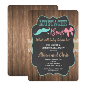 Gender reveal invitation mustache or bows