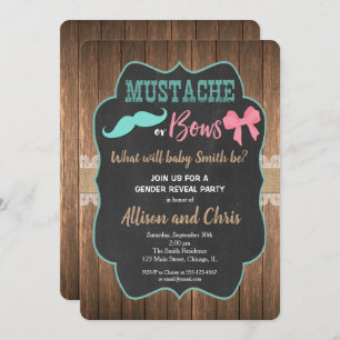 Gender reveal invitation mustache or bows