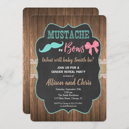 Gender reveal invitation mustache or bows