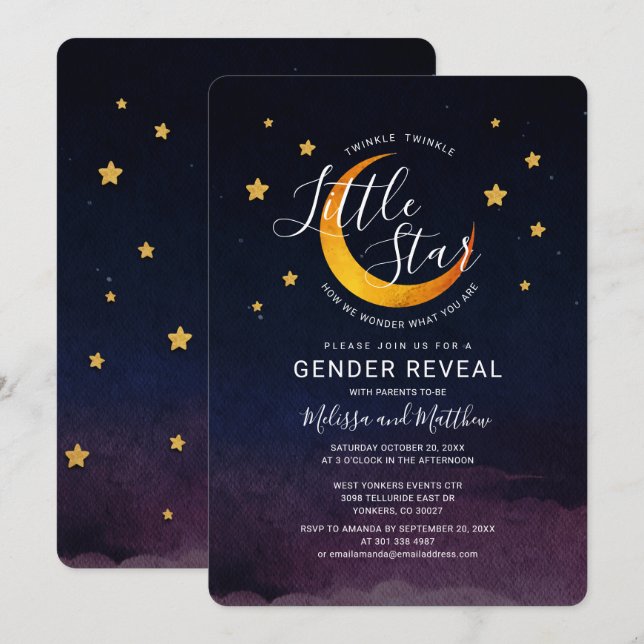 Gender Reveal Invitation Twinkle Little Moon Star (Front/Back)