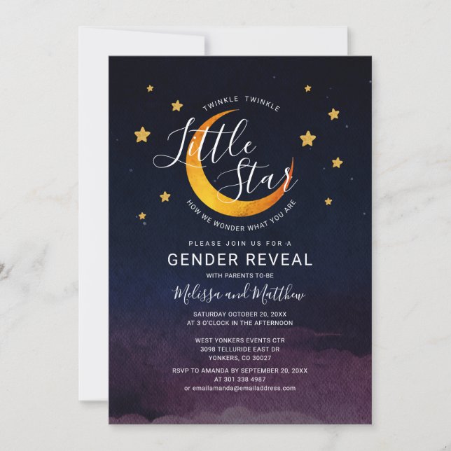 Gender Reveal Invitation Twinkle Little Moon Stars (Front)