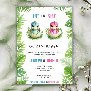 Gender reveal invitation with cartoon dinosaur egg