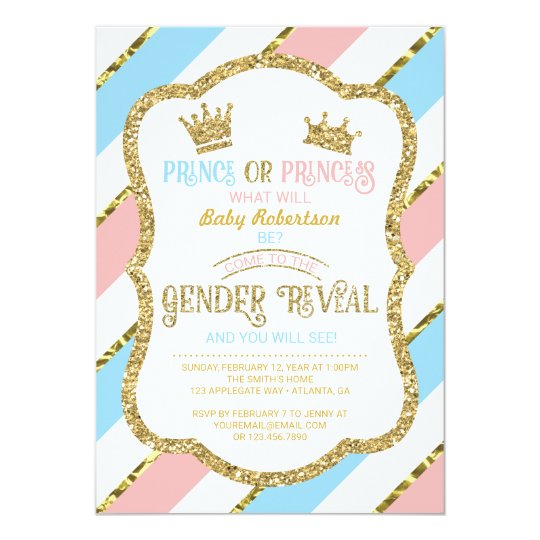 gender-reveal-invite-prince-princess-faux-gold-card-zazzle
