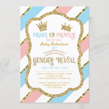 Gender Reveal Invite  Prince  Princess  Faux Gold Invitation by DeReimerDeSign at Zazzle