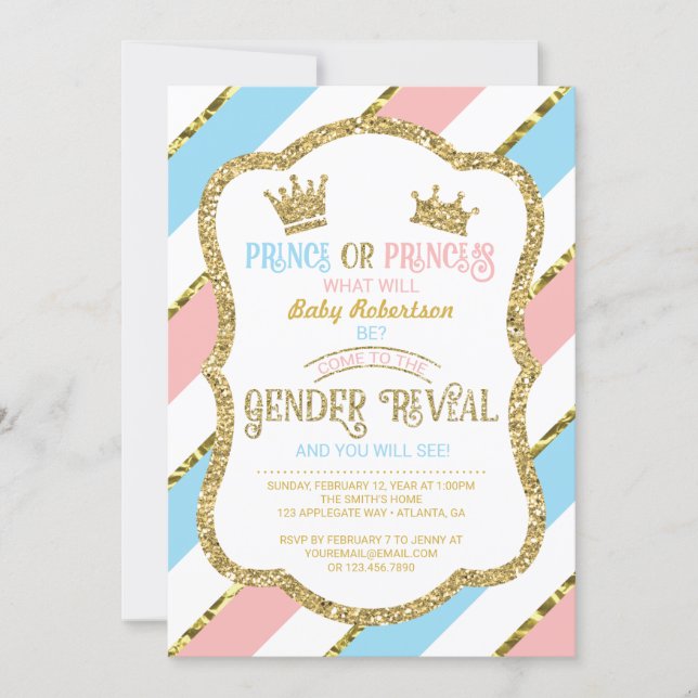 Gender Reveal Invite, Prince, Princess, Faux Gold Invitation (Front)