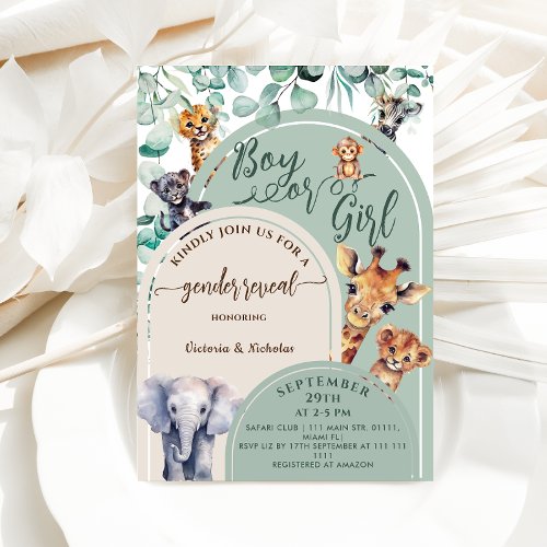 Gender Reveal Jungle Safari Animals Greenery Invitation