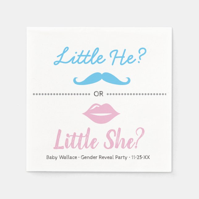 Gender Reveal, Little He Little She, Lips Mustache Napkins (Front)