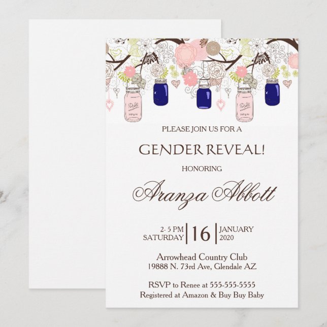 Gender Reveal Mason Jars Baby Shower Invite (Front/Back)