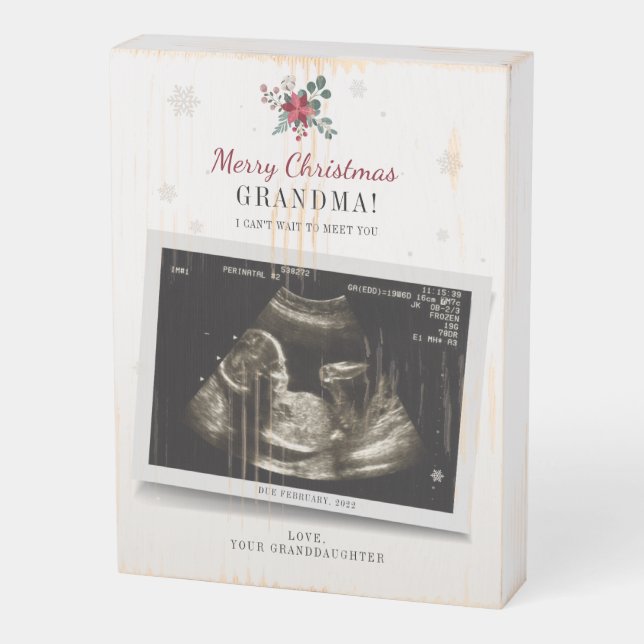 Gender Reveal Merry Christmas Grandma Ultrasound Wooden Box Sign (Angled Vertical)