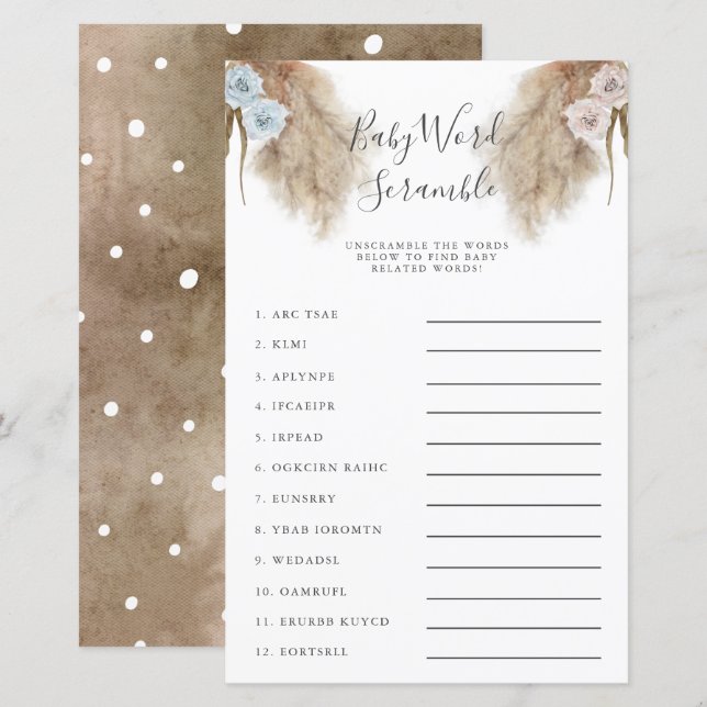 Gender Reveal Pampas Grass Baby Word Scramble Game (Front/Back)
